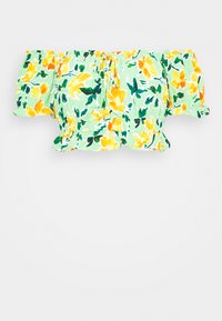 Blusa verde chiaro senza spalline con maniche a sbuffo e stampa floreale in giallo e verde scuro. Presenta una vita elastica e un dettaglio con fiocco.