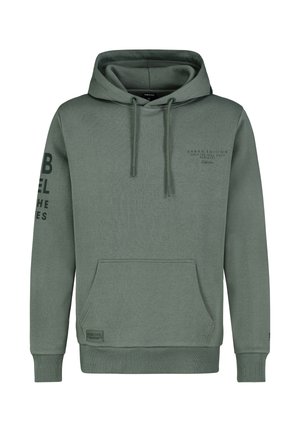 Kapuzensweatshirt in gedämpftem Grün, aus weichem Stoff. Verfügt über eine Fronttasche, gerippte Bündchen und einen urbanen Schriftzug auf Ärmel und Brust.