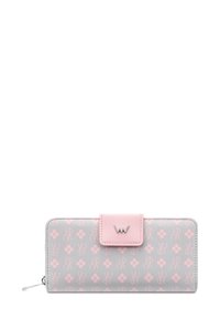 Wallet in gray synthetic material with pink floral pattern. Features a matching pink snap closure and silver hardware logo accent.