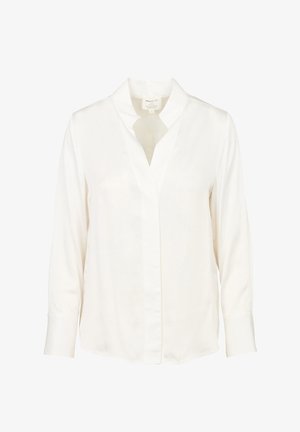 Witte blouse met lange mouwen en een V-halskraag, gemaakt van gladde stof, met een voorpanden en knoopmanchetten. Geen patronen of accenten.
