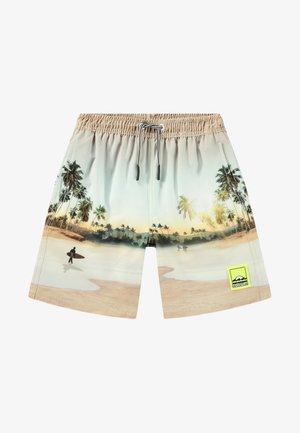 Zwemshorts met een strandtaferelen met palmbomen, een surfer en zachte pastelkleuren. Elastische tailleband met trekkoord en logopatch.