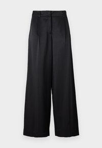Pantaloni neri a gamba larga realizzati in tessuto liscio, con vita alta, pieghe frontali e una vestibilità ampia. Design semplice e pulito, senza motivi.