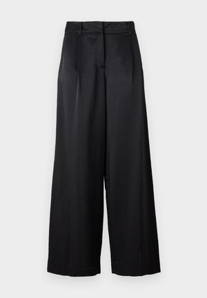 Pantaloni neri a gamba larga realizzati in tessuto liscio, con vita alta, pieghe frontali e una vestibilità ampia. Design semplice e pulito, senza motivi.