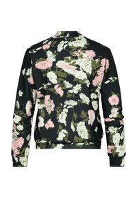 Giacca bomber floreale nera con fiori rosa, verdi e bianchi. Presenta un colletto, maniche lunghe e polsini e orlo elasticizzati.