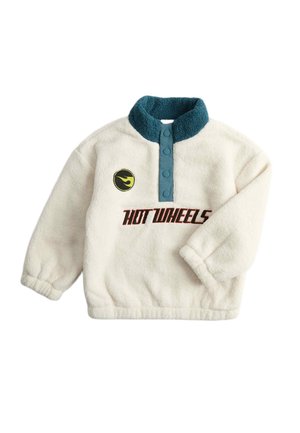 Kremfarvet fleece-pullover med teal krave, forreste knapper, "Hot Wheels" tekst og et lille flamme-logo på brystet.