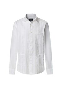 Biała koszula z długim rękawem z kołnierzykiem typu button-down, z teksturowanymi pionowymi paskami, dwiema przednimi kieszeniami i perłowymi guzikami.
