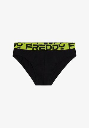 Slip nero in cotone con una larga fascia in vita verde con la scritta nera "FREDDY". Texture liscia, vestibilità aderente e design strutturato.