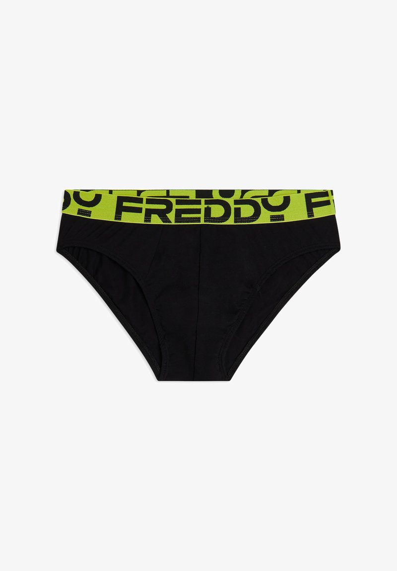 Slip nero in cotone con una larga fascia in vita verde con la scritta nera "FREDDY". Texture liscia, vestibilità aderente e design strutturato.