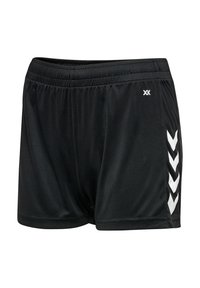 Svarta sportshorts i ett slätt, lätt material. Har vita chevronstripes på sidorna och en elastisk midjeband för komfort.