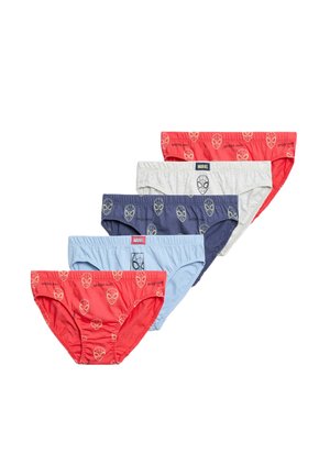 Fem par drengeboksershorts med Spider-Man-tema i rød, lyseblå, marineblå, grå og rød med elastiske linninger, arrangeret i en vifteformet stak.