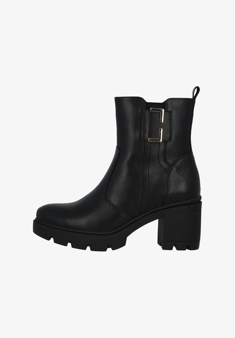 Czarne botki za kostkę z syntetycznej skóry z masywnym obcasem. Posiadają boczny zamek błyskawiczny, teksturowaną podeszwę oraz metalowe akcenty po boku.