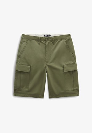 Shorts cargo vert olive en tissu léger, dotés de deux poches latérales et de deux grandes poches cargo sur les cuisses.