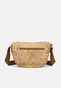 Borsa a tracolla di colore marrone chiaro con una stampa dettagliata di una mappa della città, tasca con zip e una tracolla testurizzata per un comfort durante il trasporto.