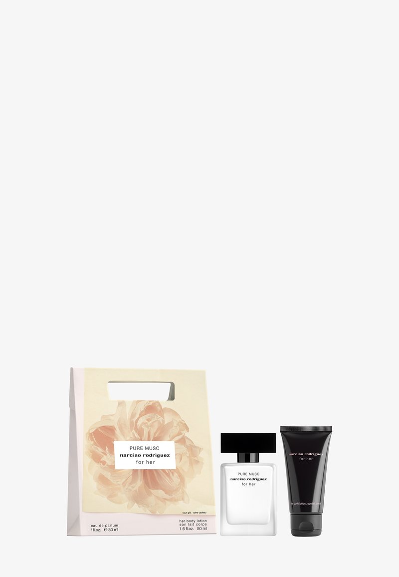 Set regalo con Pure Musc Narciso Rodriguez per lei eau de parfum da 30 ml, lozione per il corpo da 50 ml e confezione floreale beige con manico.
