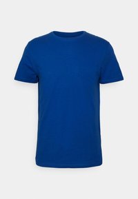 Blue cotton t-shirt with a crew neckline and short sleeves. Smooth texture, solid color, and no visible patterns or hardware details.