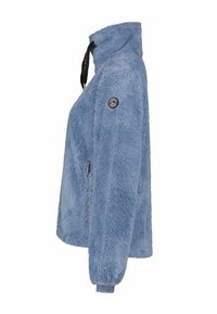 Hellblaue, flauschige Zip-up-Jacke mit hohem Kragen, schwarzem Reißverschlussgriff und runder Logoschleife am oberen Ärmel, seitlich gezeigt.