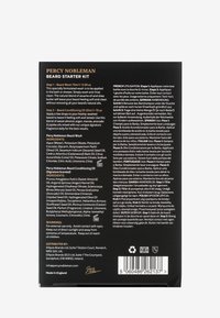 Beard Starter Kit verpakking, zwarte achtergrond, witte en gouden tekst. Bevat was (75ml) en conditionerende olie (30ml) met ingrediëntenlijst en gebruiksaanwijzing.