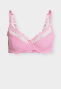 Puha rózsaszín melltartó merevítővel, állítható pántokkal, csipkés szegéllyel a felső éleknél és horgos szemekkel záródó hátoldallal.