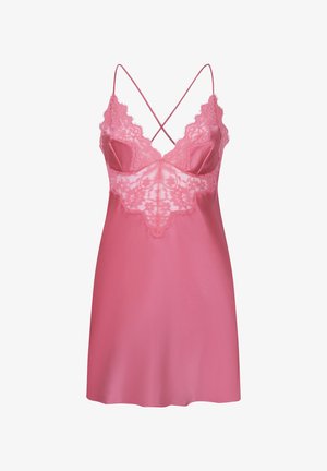 Roze satijnen slipdress met kantdetails op het lijfje en spaghettibandjes. Beschikt over een gladde textuur en een uitlopende zoom.