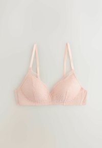 Soutien-gorge en dentelle rose clair avec bretelles fines réglables, motif floral et bonnets lisses sur un fond clair.