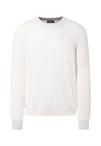 Hellbeiges Rundhalspullover mit langen Ärmeln, gerippten Bündchen und Saum. Weiche Textur mit subtilen Farbnuancen am Körper und an den Ärmeln.