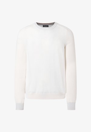 Lysebeige rundhalset sweater med lange ærmer, ribstrikkede manchetter og kant. Blød tekstur med subtil farvevariation på krop og ærme.