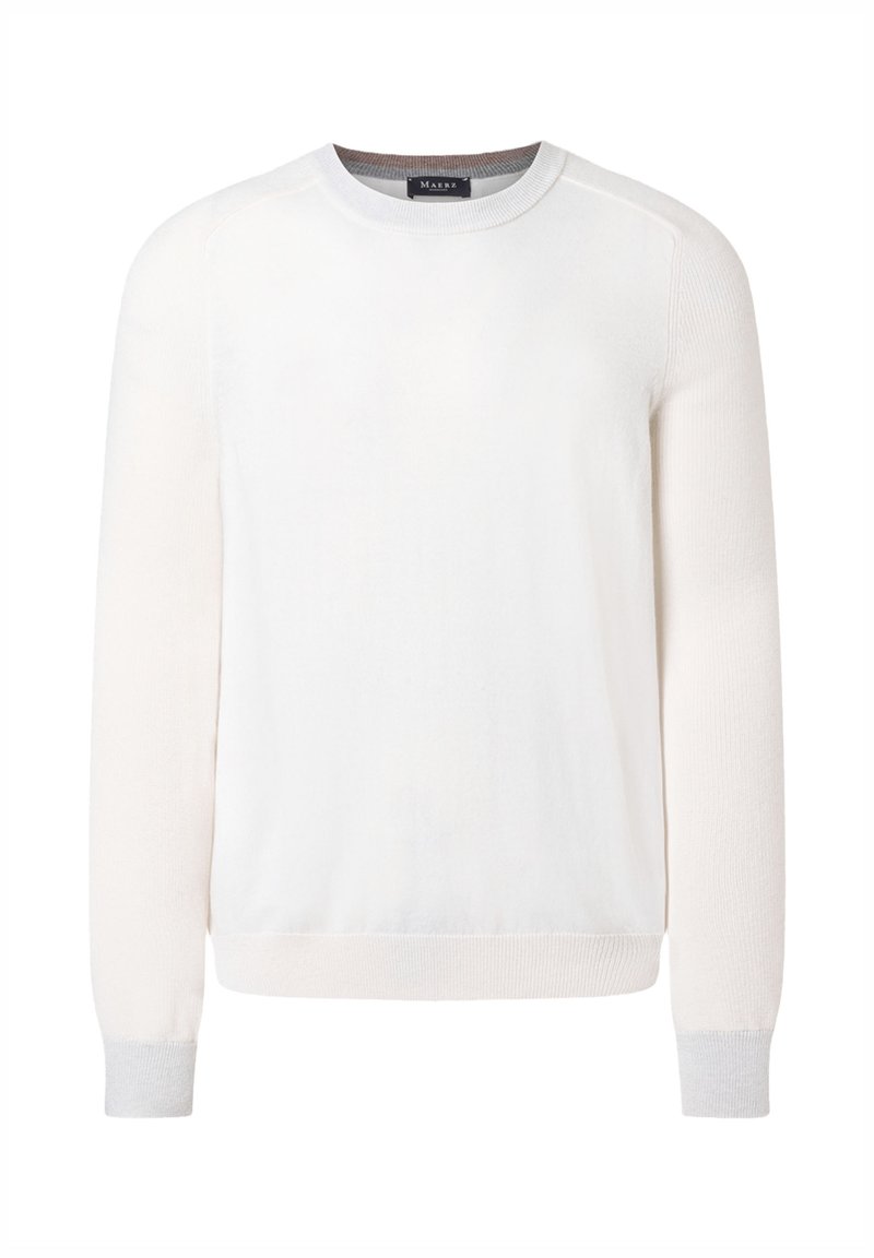 Hellbeiges Rundhalspullover mit langen Ärmeln, gerippten Bündchen und Saum. Weiche Textur mit subtilen Farbnuancen am Körper und an den Ärmeln.