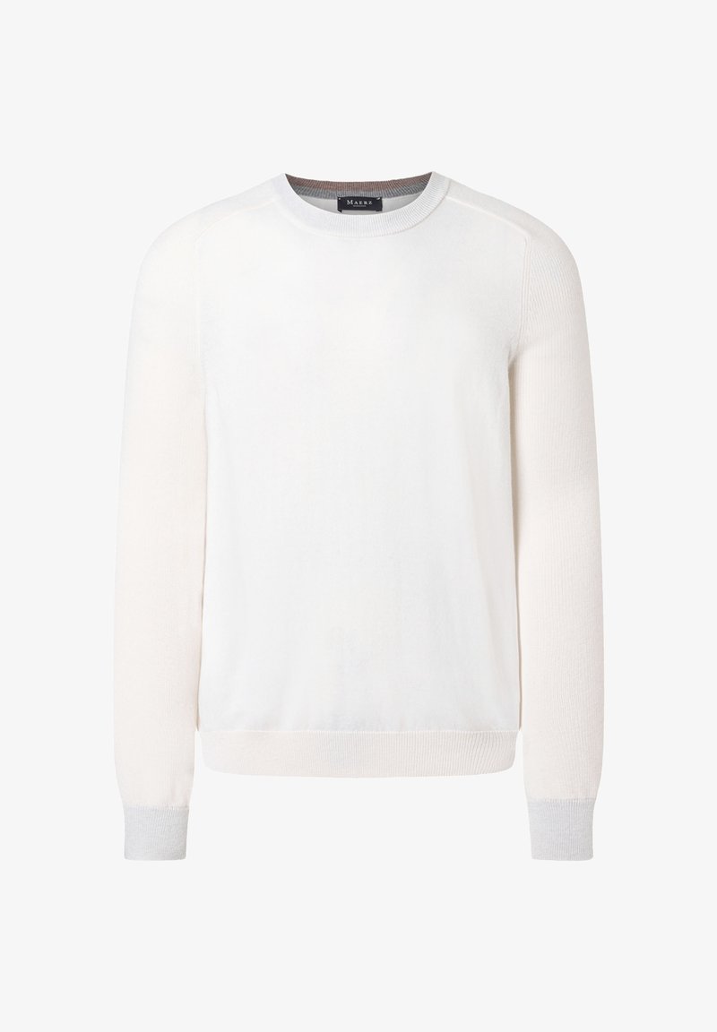 Hellbeiges Rundhalspullover mit langen Ärmeln, gerippten Bündchen und Saum. Weiche Textur mit subtilen Farbnuancen am Körper und an den Ärmeln.