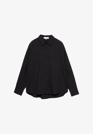Chemise noire à manches longues en coton, dotée d'un col, d'une fermeture à boutons et d'une coupe décontractée avec un ourlet légèrement arrondi.