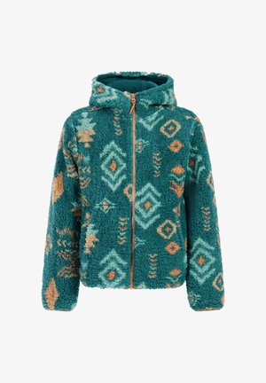 Teal fleece jacket with a hood, featuring diamond and geometric patterns in beige and aqua, and a central zipper closure. Soft texture.