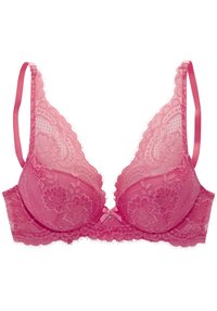 Rosa pink blond bøyle-bh med dyp utringning, polstrede kopper, blomsterdesign og sateng-stropper. Har en liten sløyfe og juvelaktig dekorasjon i midten.
