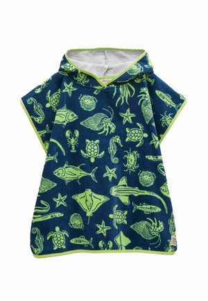 Granatowy, kapturowy ręcznik typu ponczo dla dzieci, z zieloną lamówką i różnymi jasnooliwkowymi nadrukami morskich zwierząt, w tym żółwi, rozgwiazd, ryb i krabów.