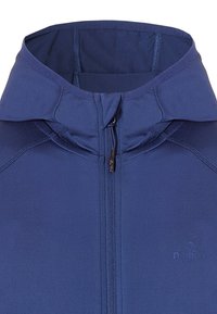Navy zip-up jacket with a high collar, made from a smooth, stretchable fabric, featuring subtle stitching and a logo on the front.