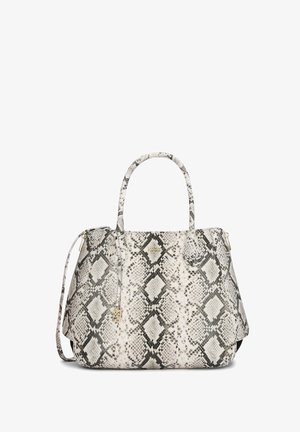 Große Handtasche mit grauem und schwarzem Schlangenledermuster, zwei Griffen und einem abnehmbaren Schulterriemen, vor weißem Hintergrund dargestellt.