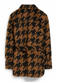 Giacca a motivo houndstooth marrone e nera con colletto, maniche lunghe, polsini con bottone e vita con cintura. Tessuto morbido.