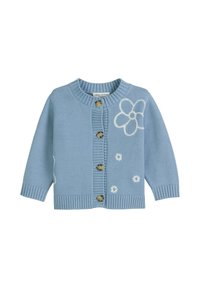Blau gestrickte Strickjacke mit geripptem Kragen und Bündchen, mit weißer Blumenstickerei und braunen Knöpfen auf der Vorderseite.