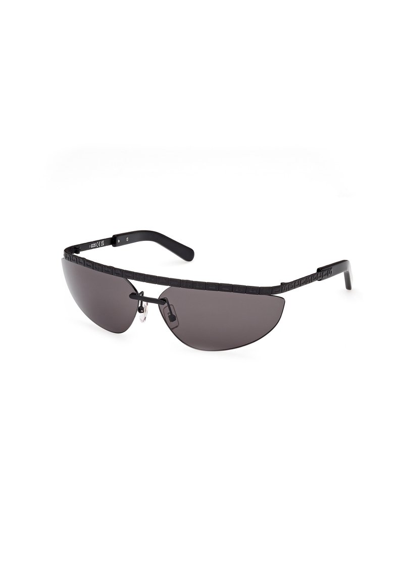 Black sunglasses with a streamlined design. Dark gray lenses, thin metal frames, textured accents on the arms, and a nose bridge component.