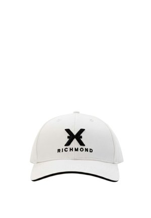 Cappellino da baseball bianco con logo Richmond nero e testo sulla parte anteriore, con visiera curva con un sottile bordo nero.