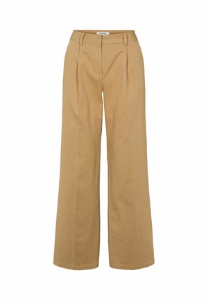 Beige wide-leg trousers made from lightweight fabric, featuring a high waist, pleated front, and clean lines for a streamlined silhouette.