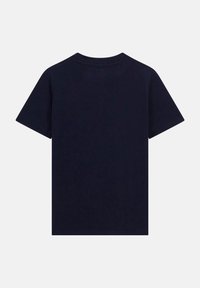 Navyblauwe T-shirt met korte mouwen van katoen, met een ronde hals en een gladde textuur. Geen zichtbare logo's of patronen.