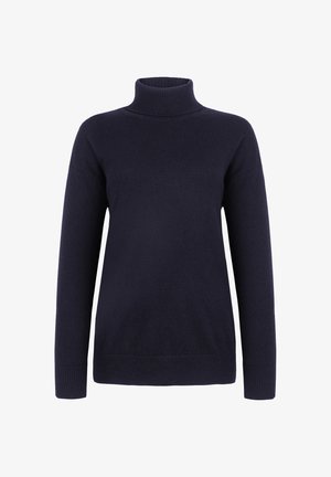 Marineblå rullekrave-trøje lavet af blødt strikstof, med lange ærmer og ribstrikkede manchetter og kant for en tætsiddende pasform.