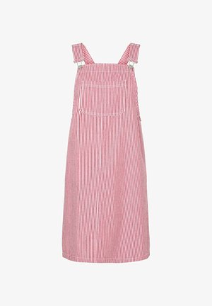 Rood-wit verticaal gestreepte mouwloze overalljurk met voorzak en verstelbare schouderbanden met metalen gespen.
