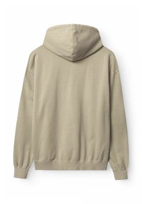 Beige hættetrøje, set bagfra. Har en blød stofkvalitet, ribbede manchetter og talje. Simpelt design uden synlige logoer eller mønstre.