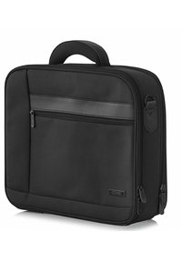 Czarna torba na laptopa wykonana z tkaniny o gładkiej fakturze, z przednią kieszenią na zamek, górnym uchwytem oraz subtelnym logo.