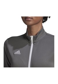 Gray athletic zip-up jacket with high collar, white zipper, and embroidered logo on the left chest. Smooth fabric texture and fitted design.