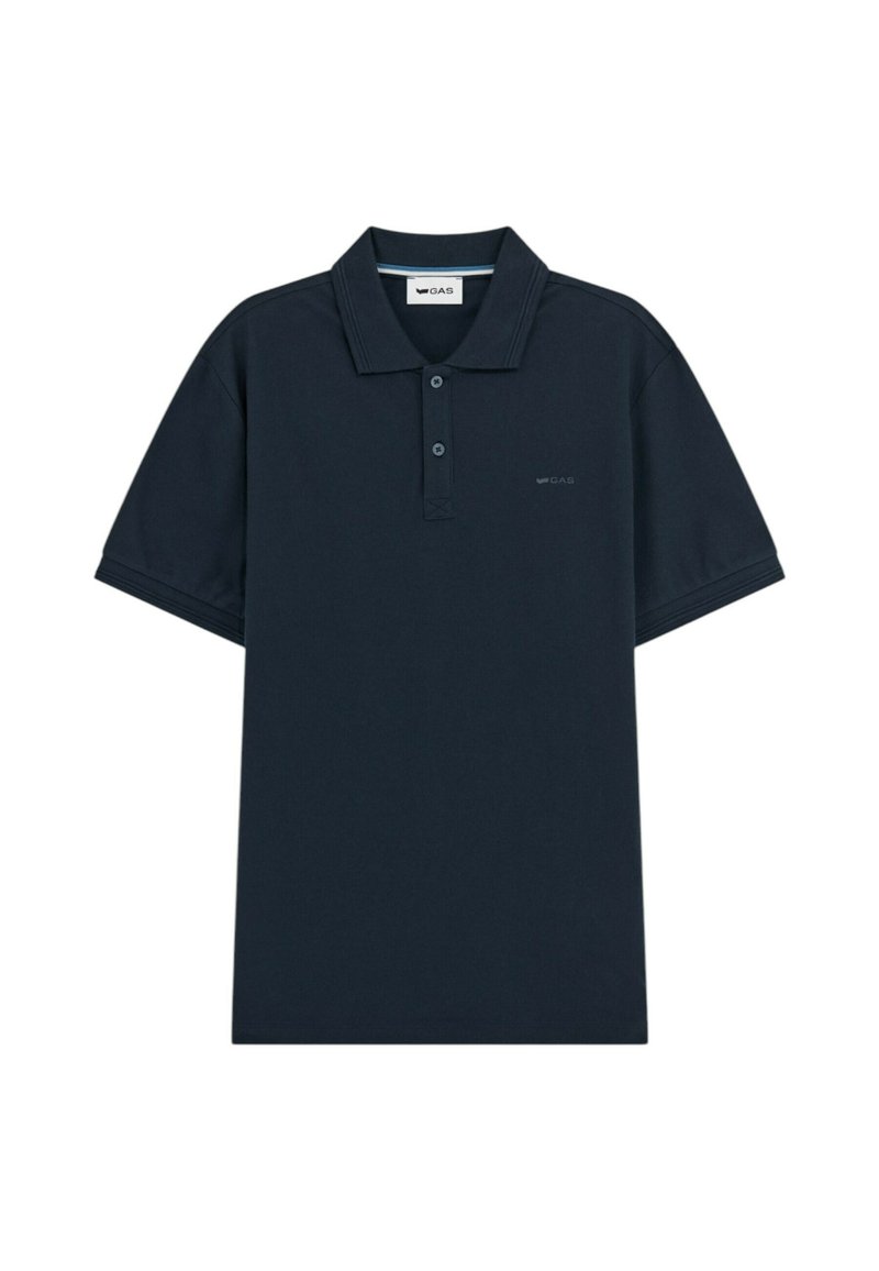 Polo shirt navy in morbido cotone, con colletto classico, patta con due bottoni, maniche corte e un discreto logo ricamato sul petto.