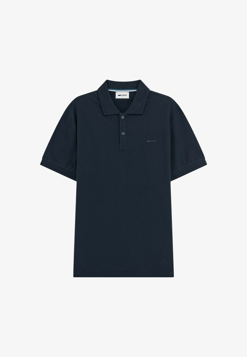 Polo shirt navy in morbido cotone, con colletto classico, patta con due bottoni, maniche corte e un discreto logo ricamato sul petto.