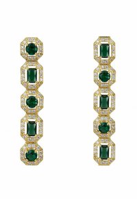 Gold-tone earrings featuring alternating emerald-cut green stones and clear rhinestones, arranged in a vertical stacked design.