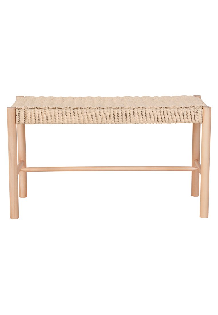 Natürliche Holzbänke mit einem hellbeigen gewebten Sitz, rechteckiger Form, glatter Textur und vier geraden Beinen. Keine sichtbaren Beschläge oder Akzente.