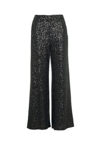Pantalons noirs à jambes larges recouverts de paillettes brillantes, dotés d'une taille haute et d'une texture lisse, adaptés pour les occasions formelles.